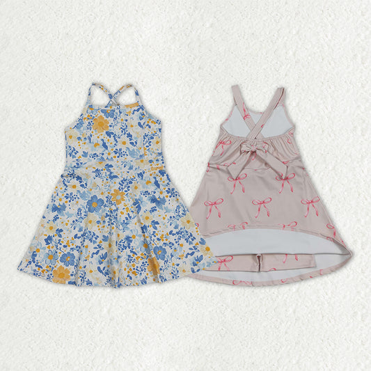 Sibling Baby Girls Strap Bows Flowers Yoga Active Shorts Knee Length Dresses