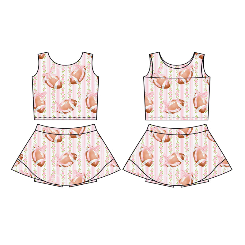 Preorder (moq 5)Baby Girls Pink Sleeveless Floral Footballs Stripe Top Skorts Set