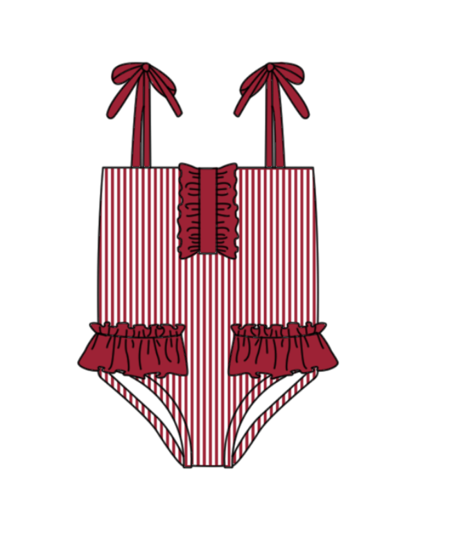 Preorder moq 5 Baby Girls Strap Red Stripe Team Swimsuits