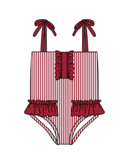 Preorder moq 5 Baby Girls Strap Red Stripe Team Swimsuits