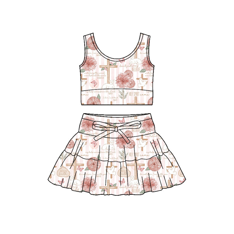 Preorder (moq 5)Baby Girls Flowers Crosses Vests Ruffle Skirt Short Easter Clothes Sets