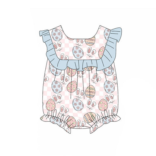 Preorder (moq 5)Baby Girls Pink Checked Rabbits Eggs Easter Ruffle Rompers