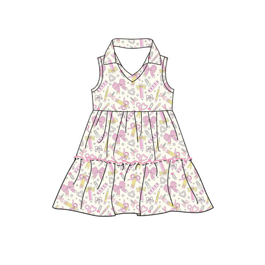 Preorder moq 5 Baby Girls Pencil Bows Back to School Patchwork Knee Length Dresses
