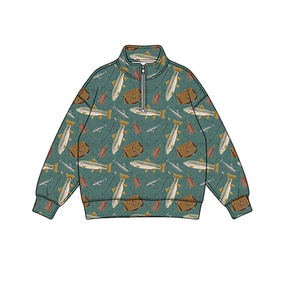 Preorder (moq 5) Baby Boy Clothes Trout Fishing Gear Outdoor Print Quarter Zip Sweatshirt