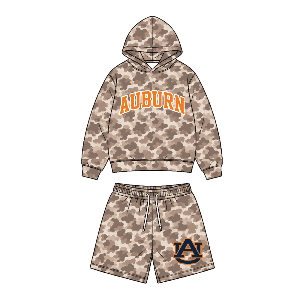 Preorder (moq 5) Baby Boy Clothes Auburn AU Logo Camo Print Long Sleeve Hoodie & Elastic Waist Short Set