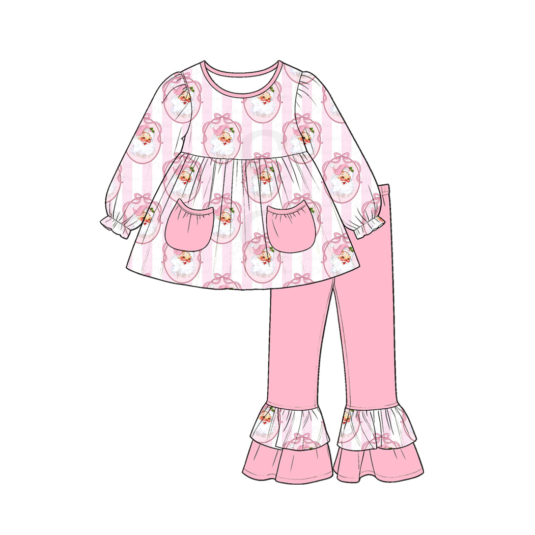 Preorder moq 5 Baby Girls Pink Stripe Bows Santa Pockets Tunic Ruffle Pant Christmas Clothes Set