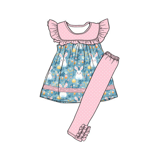 Preorder (moq 5)Baby Girls Flowers Rabbits Tunic Polka Dots Leggings Easter Clothes Sets