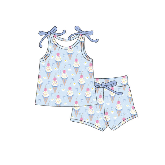Preorder (moq 5)Baby Girls Bows Sleeveless Ice Creams Top Short Clothes Sets