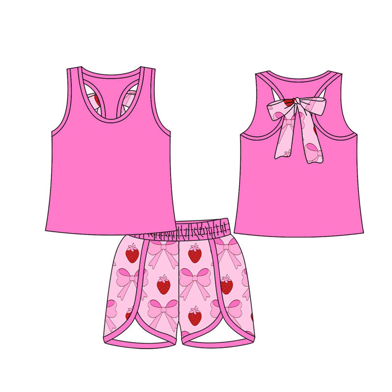 Preorder(moq 5) Baby Girls Pink Vest Back Bow Top Bows Strawberry Shorts Clothes Sets