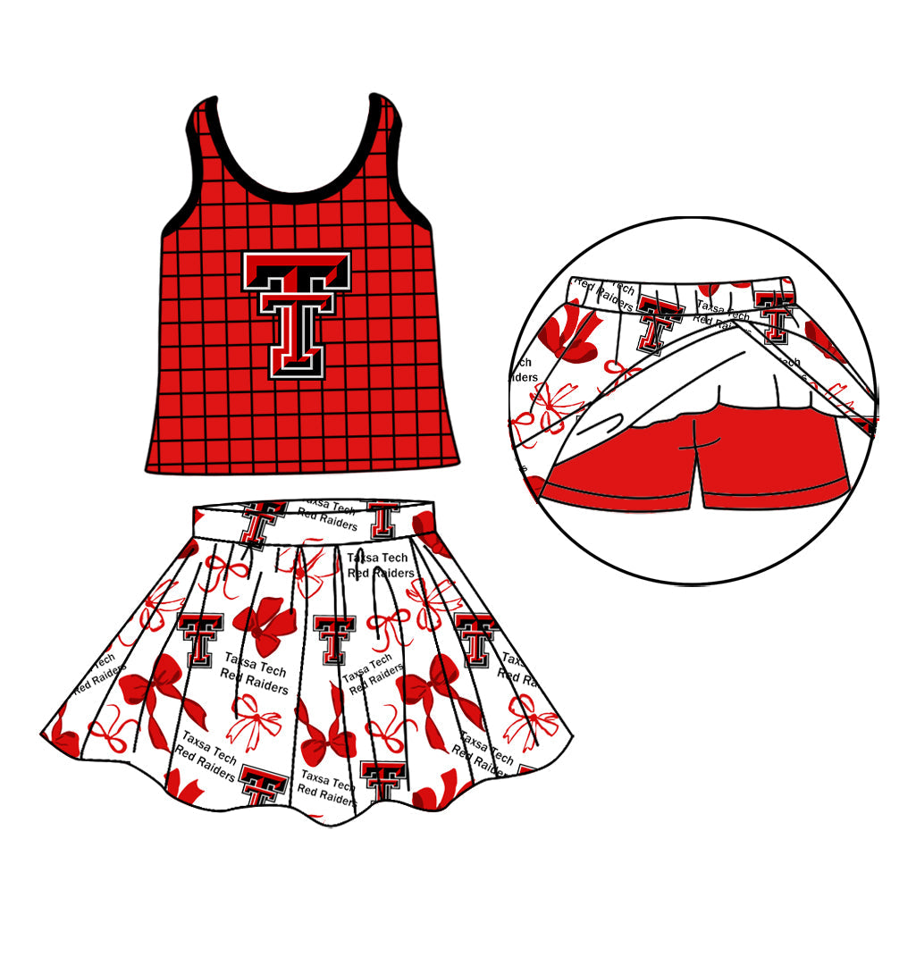 Preorder (moq 5)Baby Girls Red Checked TT Top Bows Skirt Short Team Clothes Set