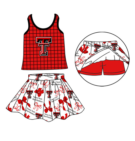 Preorder (moq 5)Baby Girls Red Checked TT Top Bows Skirt Short Team Clothes Set