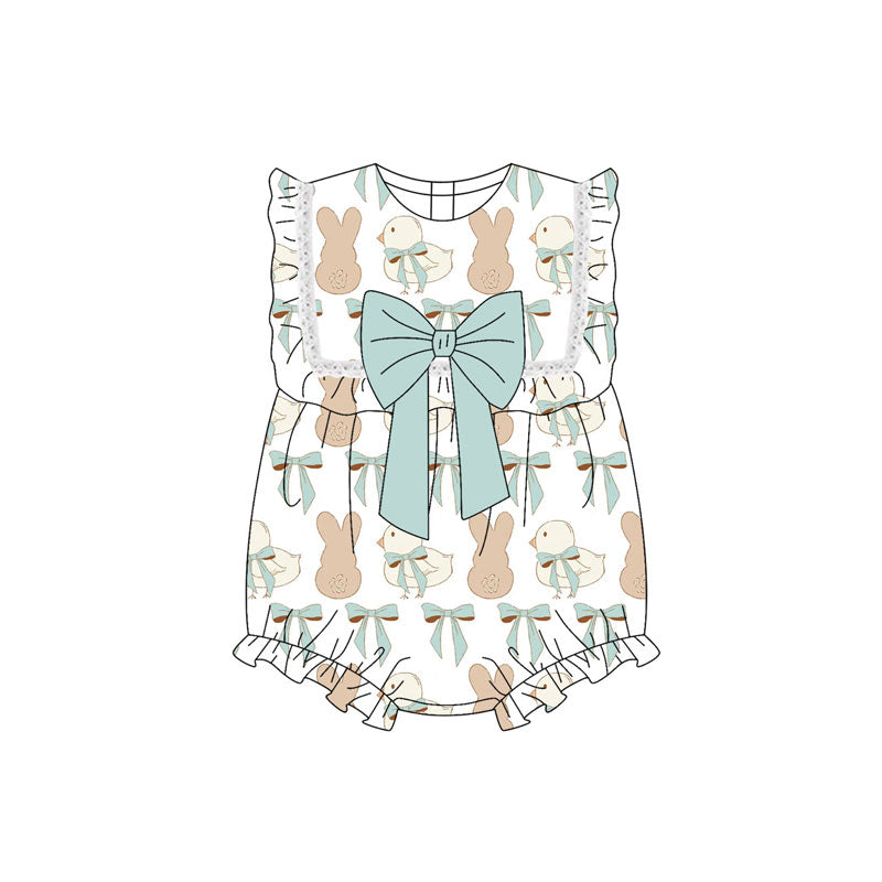 Preorder (moq 8)Baby Girls Rabbits Chicks Bow Top Easter Ruffle Rompers