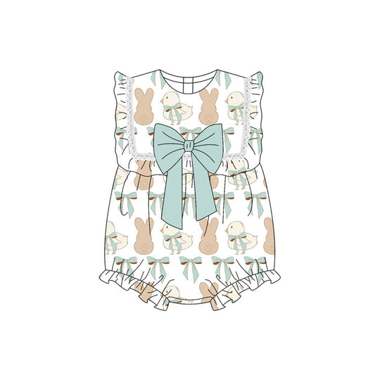 Preorder (moq 8)Baby Girls Rabbits Chicks Bow Top Easter Ruffle Rompers