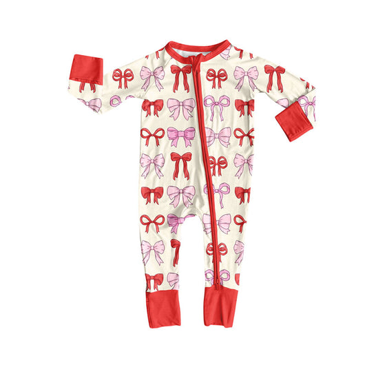 Preorder(moq 8)Baby Girls Pink Red Bows Plaid Valentine Zipper Footie Rompers