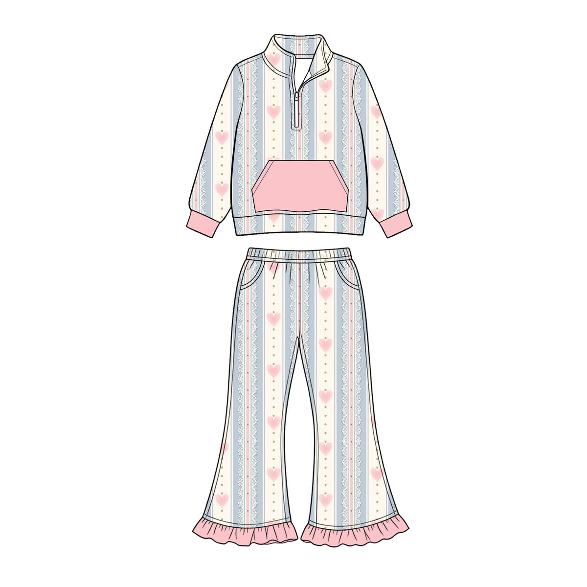 Preorder (moq 5) Baby Girl Clothes Stripe Lace Heart Allover Print Long Sleeve Half Zip Top Ruffle Flare Pant Set