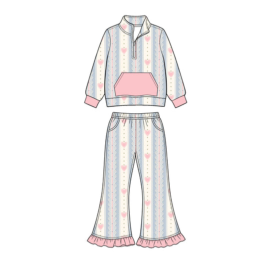 Preorder (moq 5) Baby Girl Clothes Stripe Lace Heart Allover Print Long Sleeve Half Zip Top Ruffle Flare Pant Set