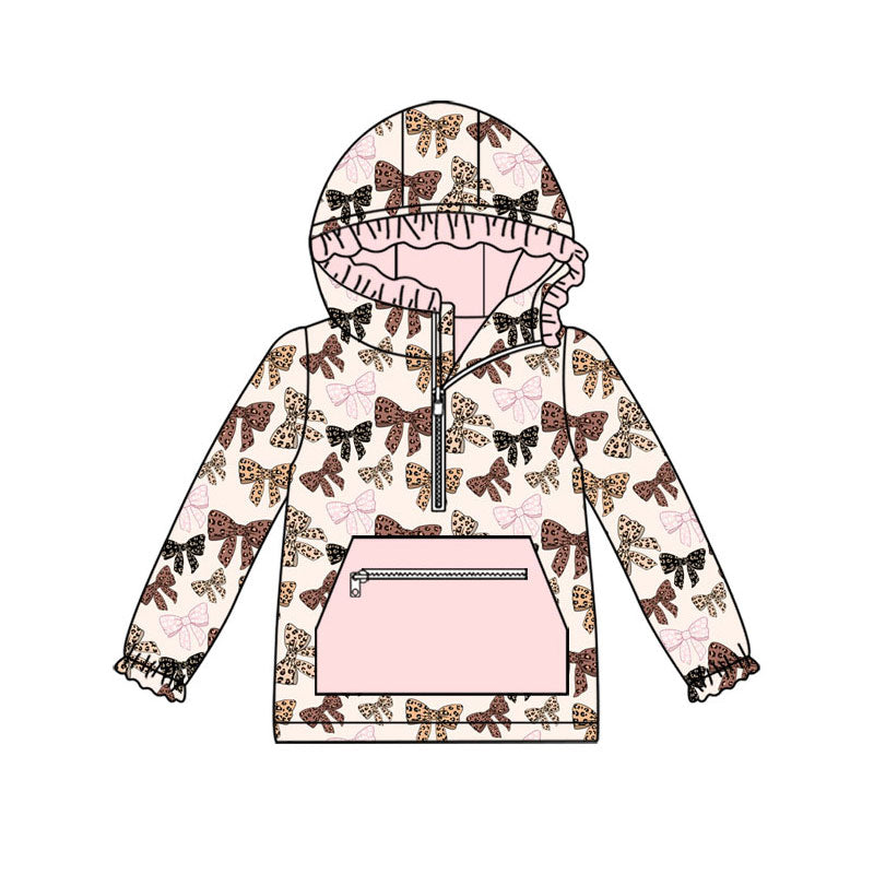 Preorder (moq 5)Baby Girls Colorful Leopard Bows Zip Pocket Ruffle Hoodies Top