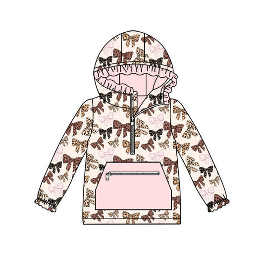 Preorder (moq 5)Baby Girls Colorful Leopard Bows Zip Pocket Ruffle Hoodies Top