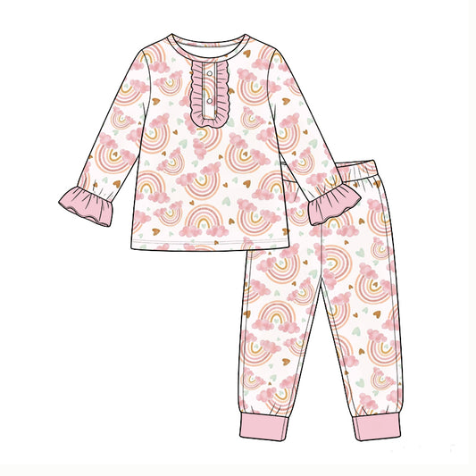 Preorder (moq5) Baby Girls Hearts Rainbows Button Top Pant Valentines Pajamas Set