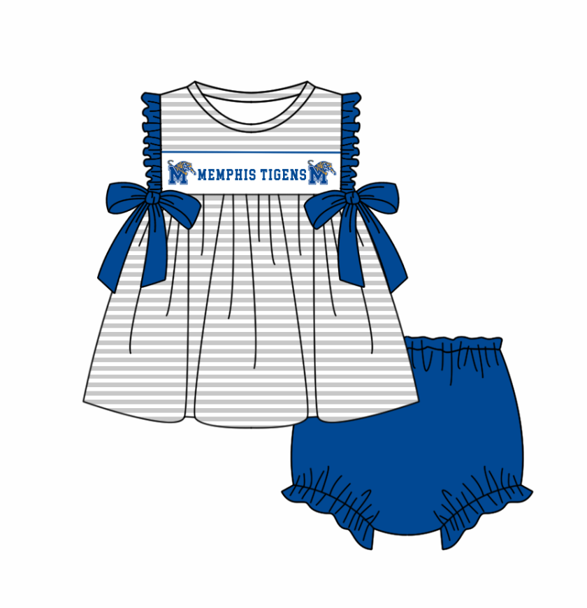 Preorder (moq 5)Baby Girls Memphis Tigers Bows Stripe Tunic Bummies Team Clothes Sets