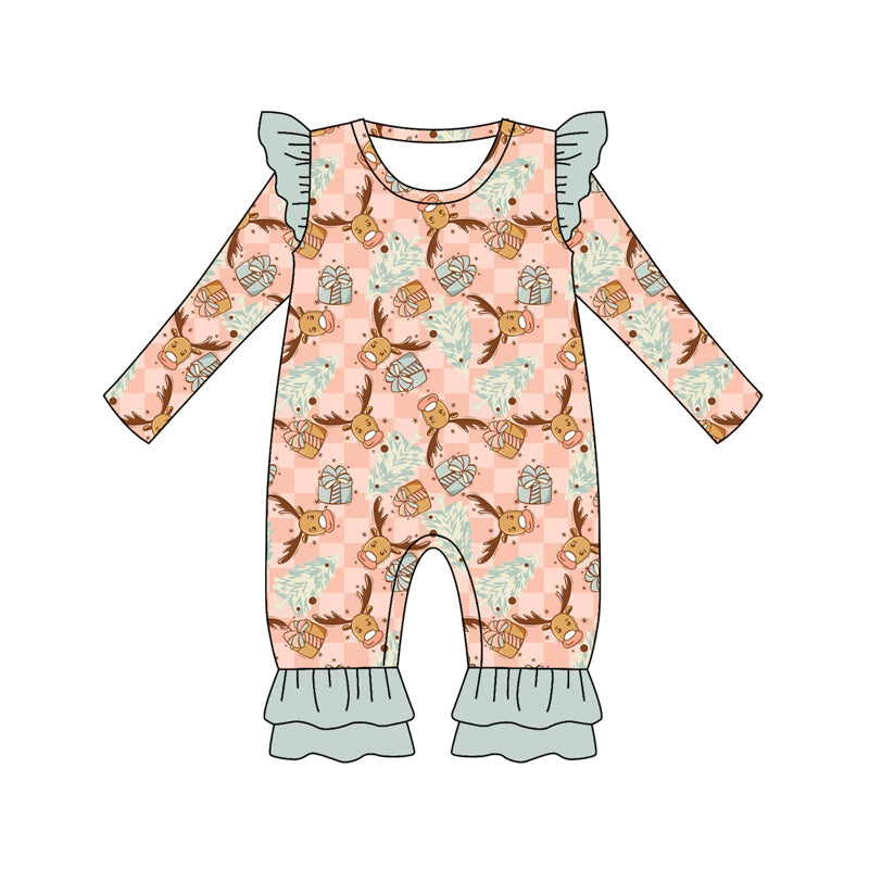 Preorder (moq 5)Baby Girls Long Sleeves Gift Deer Trees Plaid Ruffle Pant Romper