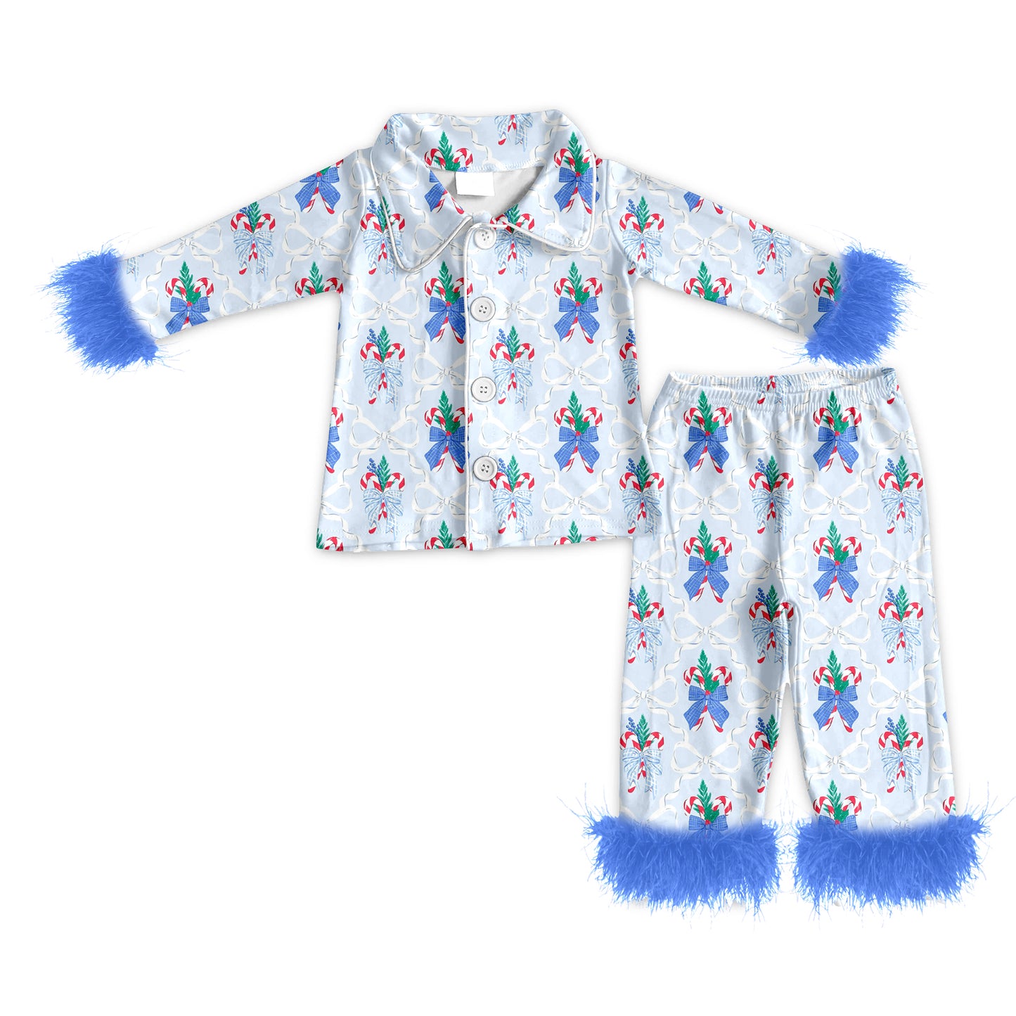 Preorder (moq 5)Baby Girls Blue Long Sleeves With Fur Button Bows Candy Cane Top Pant Pajamas Set
