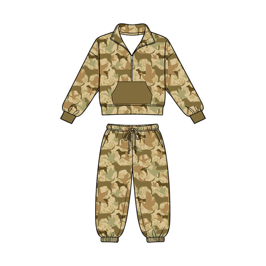 Preorder (moq 5)Baby Boys Dogs Ducks Camo Zip Pocket Pullover Joggers Hunting Clothes Set