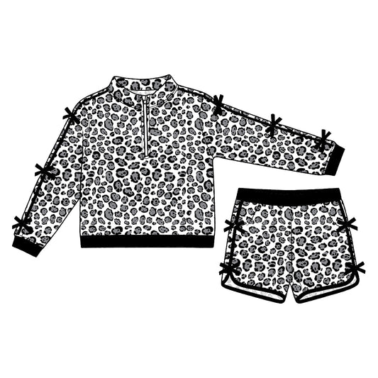 Preorder (moq5) Baby Girls Grey Leopard Bows Zip Pullover Pockets Short Clothes Set