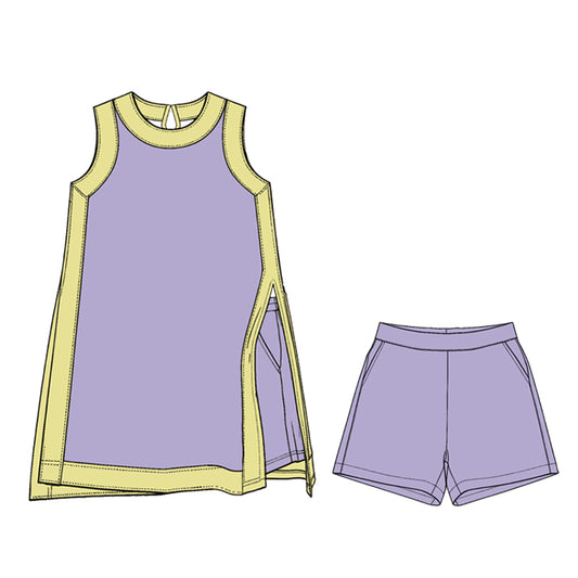 Preorder (moq 5)Adult Women Yellow Lavender Split Skirt Pockets Short Clothes Sets