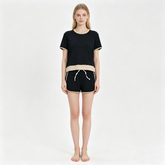 Adult Women Black Short Sleeve Shirt Top Skirt Shorts Clothes Set