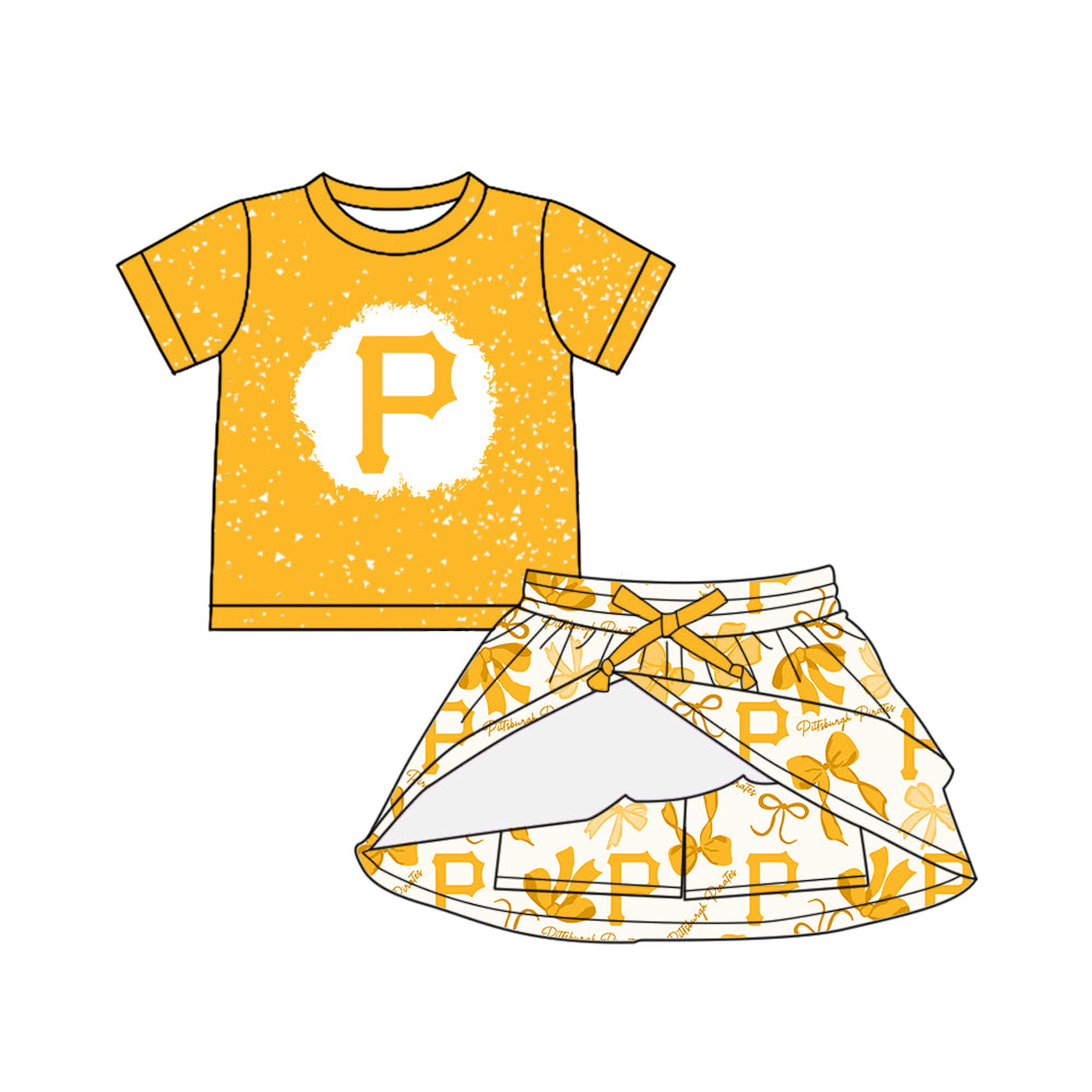 Preorder (moq 5)Baby Girls Yellow Short Sleeves P Top Bows Plaid Skorts Team Set