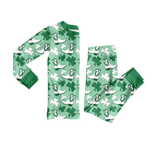 Preorder(moq 5) Baby Girls Clovers Boots Top Pants St Patrick Western Pajamas Sets