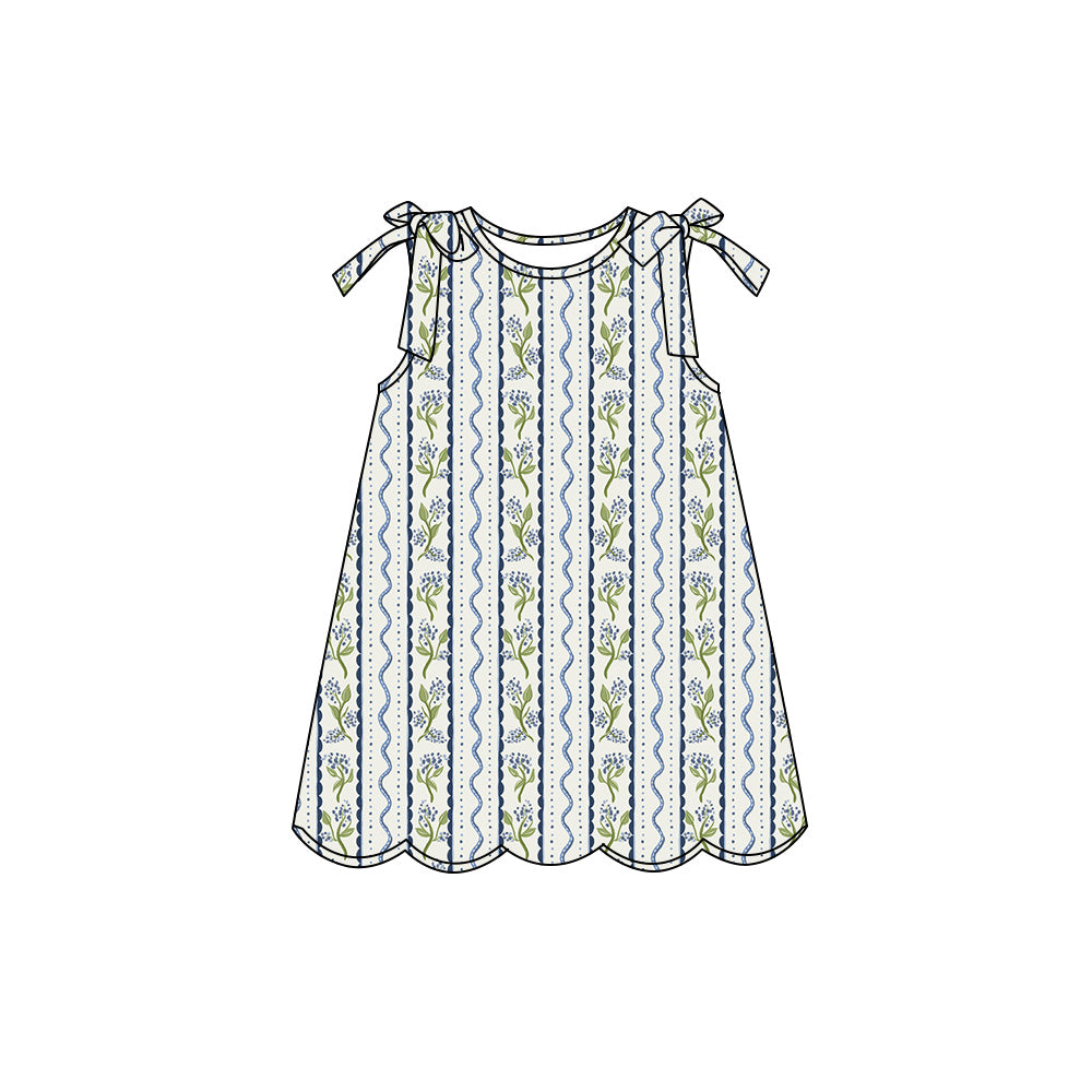 Preorder (moq 5)Baby Girls Sleeveless Blue Flowers Stripe Scallop Knee Length Dresses
