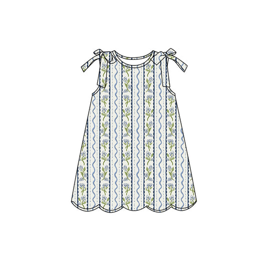 Preorder (moq 5)Baby Girls Sleeveless Blue Flowers Stripe Scallop Knee Length Dresses