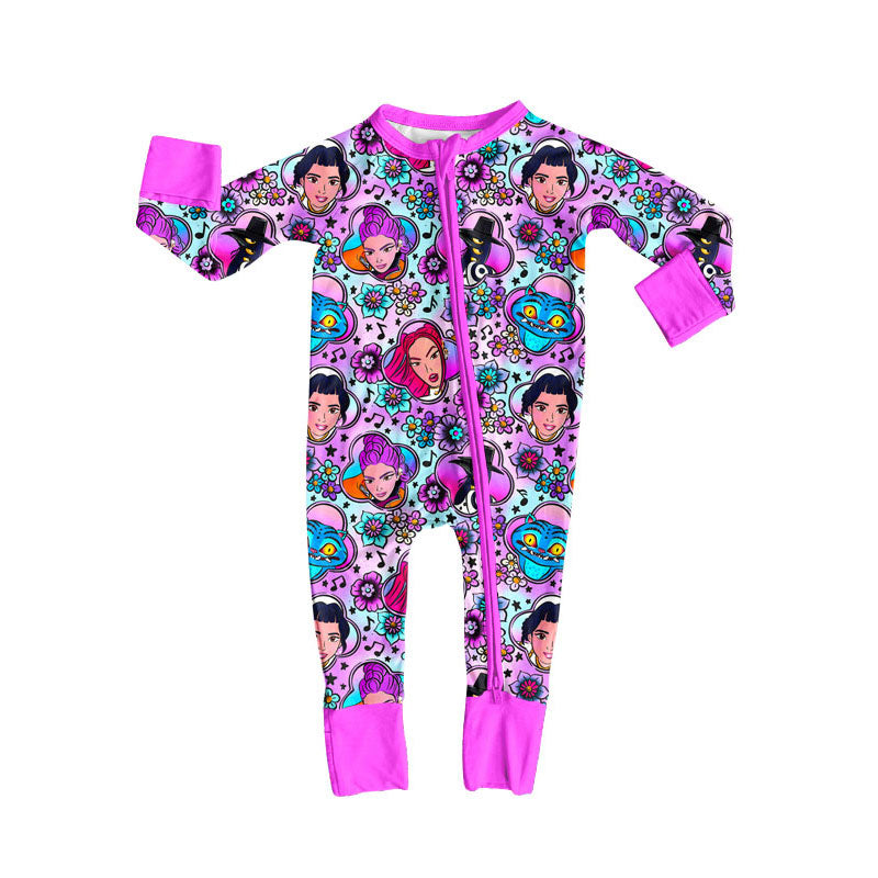Preorder (moq 5)Baby Girls Pink Long Sleeve Cartoon Girls Flowers Zipper Footie Rompers