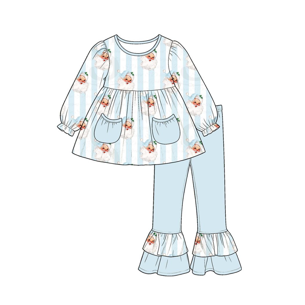 Preorder moq 5 Baby Girls Blue Stripe Santa Pockets Tunic Ruffle Pant Christmas Clothes Set