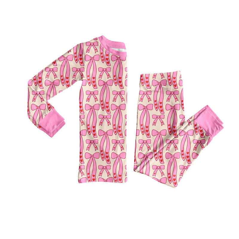 Preorder(moq 8)Baby Girls Pink Heart Bows Plaid Top Pant Valentine Pajamas Sets