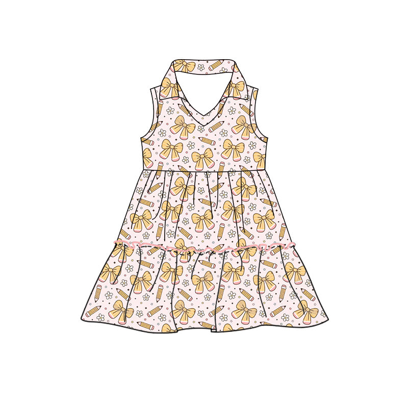 Preorder moq 5 Baby Girls Pencil Bows Back to School Patchwork Knee Length Dresses