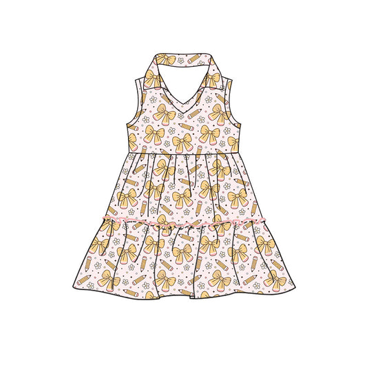 Preorder moq 5 Baby Girls Pencil Bows Back to School Patchwork Knee Length Dresses