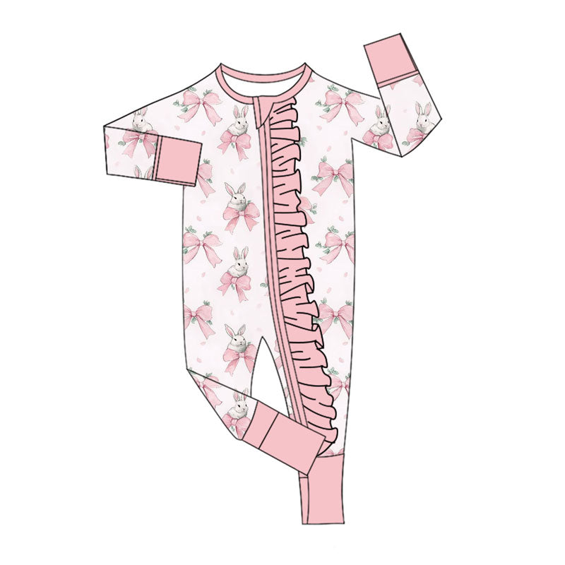 Preorder (moq 5)Baby Girls Pink Bows Rabbits Easter Ruffle Zipper Footie Rompers
