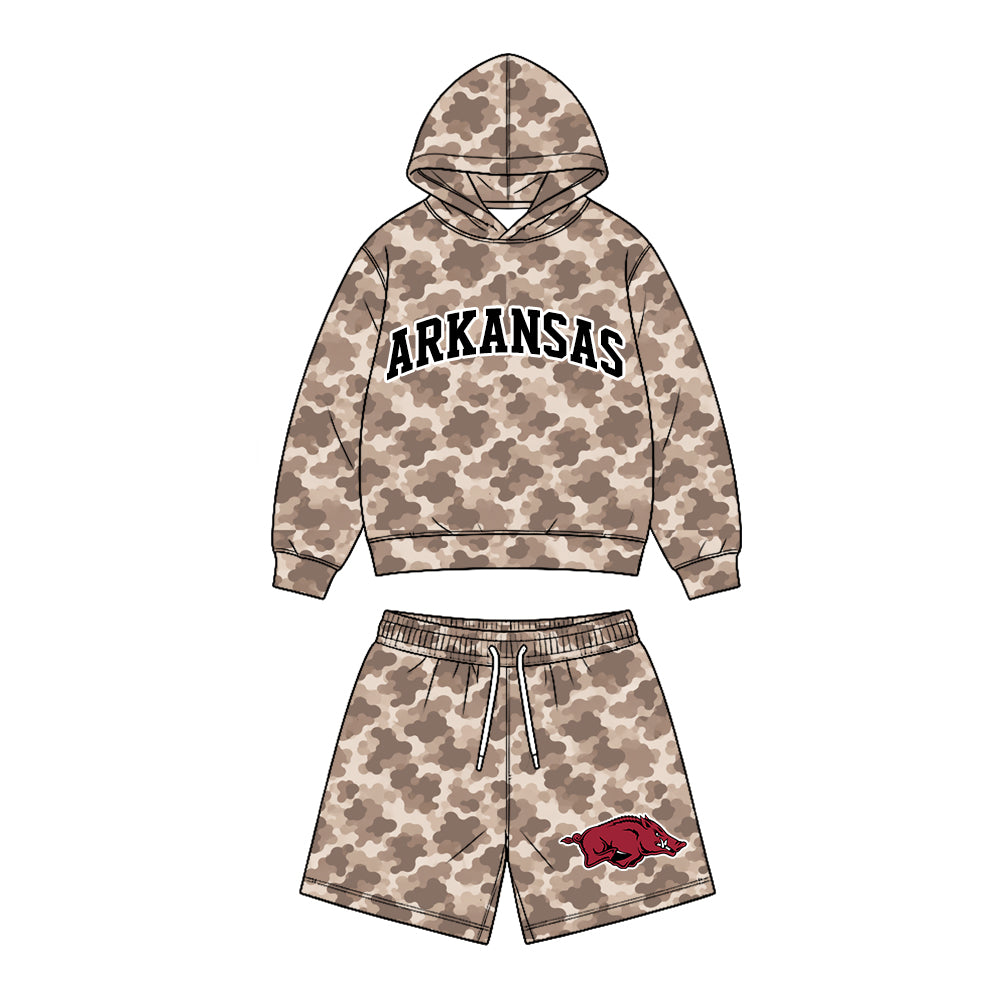 Preorder (moq 5) Baby Boy Clothes Arkansas Razorback Logo Camo Print Long Sleeve Hoodie & Elastic Waist Short Set