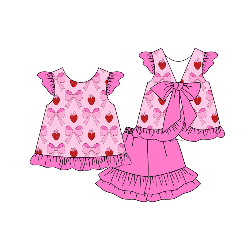 Preorder(moq 5) Baby Girls Pink Flutter Sleeve Back Bow Strawberry Top Ruffle Shorts Clothes Sets