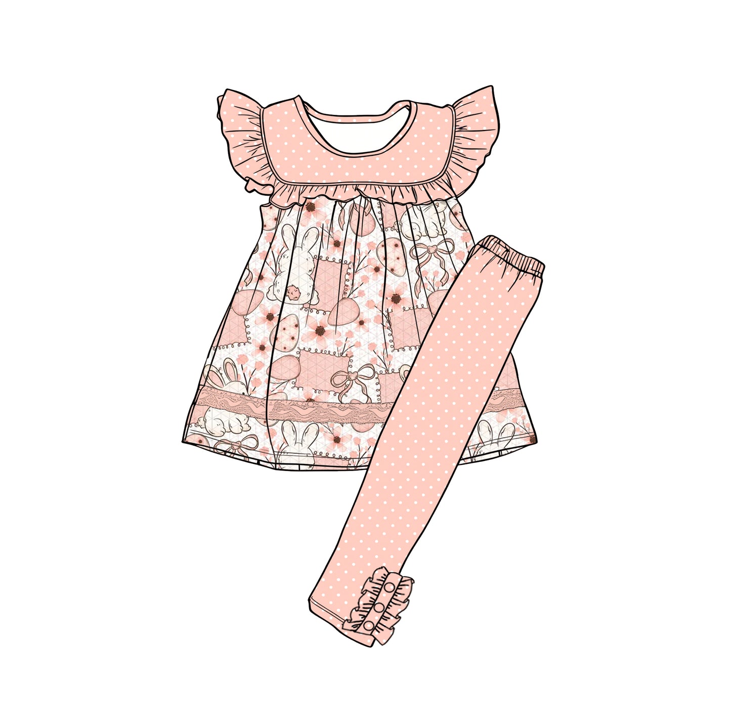 Preorder (moq 5)Baby Girls Egg Bows Rabbits Tunic Polka Dots Leggings Easter Clothes Sets