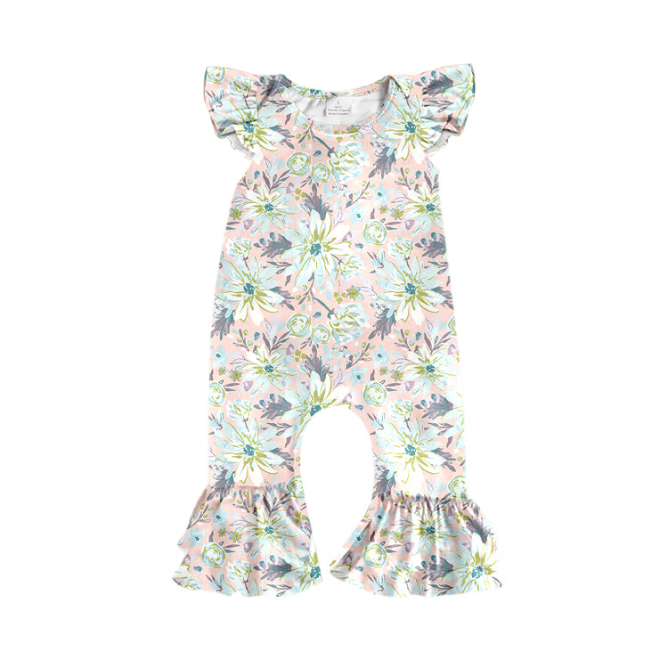 Preorder (moq 5)Baby Girls Flutter Sleeve Colorful Flowers Ruffle Footie Rompers