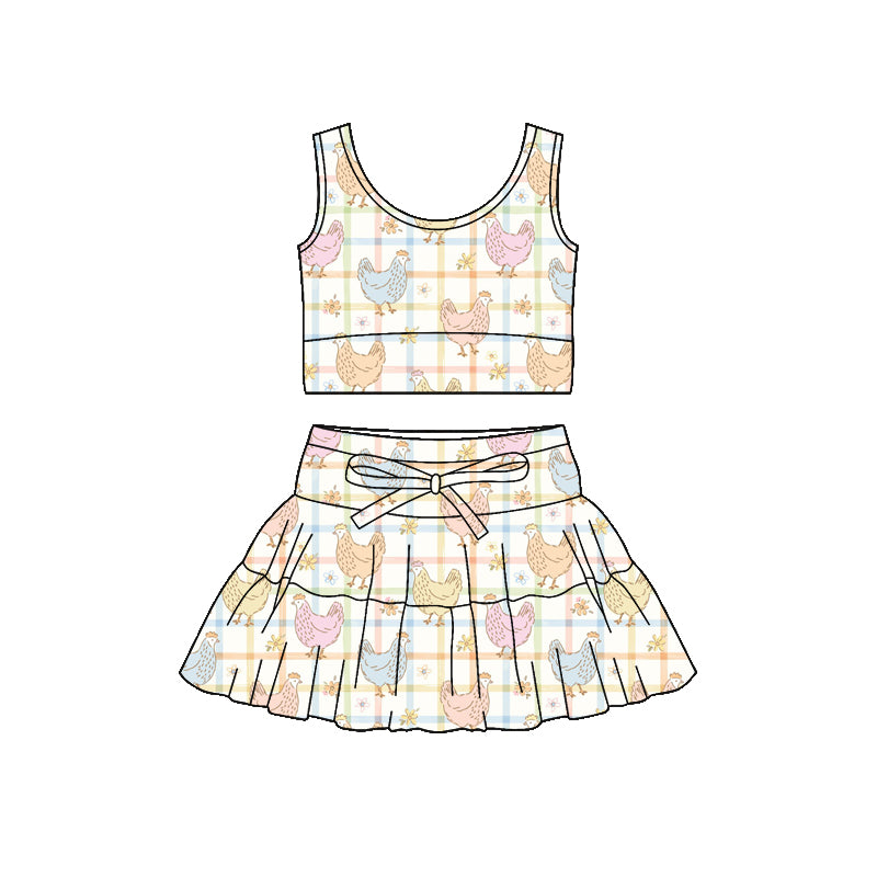 Preorder (moq 5)Baby Girls Flower Chicks Checked Vests Ruffle Skirt Short Farm Clothes Sets