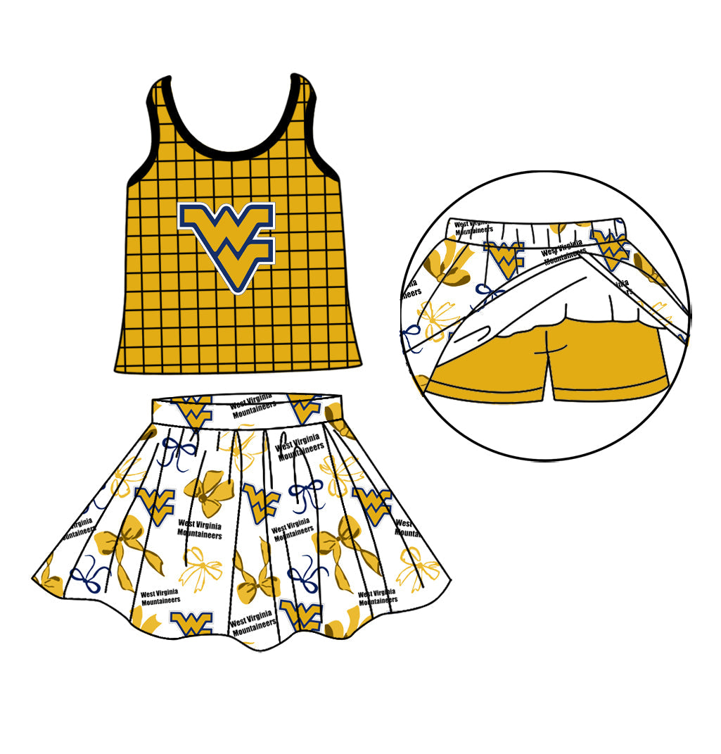 Preorder (moq 5)Baby Girls Yellow Checked WV Top Bows Skirt Short Team Clothes Set