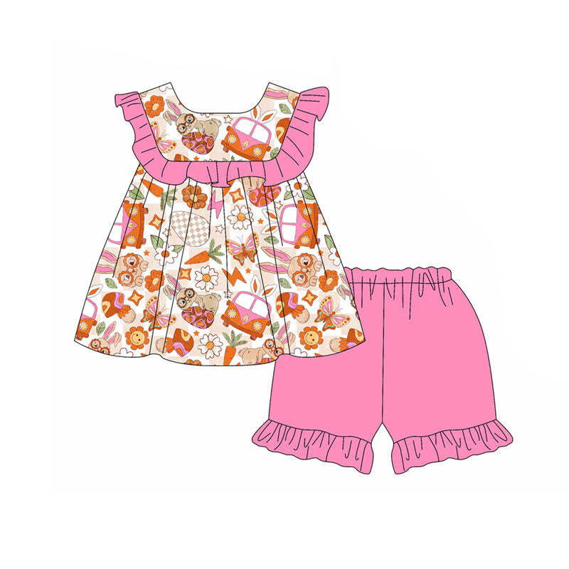 Preorder(moq 5) Baby Girls Rabbits Eggs Flowers Tunic Ruffle Shorts Easter Clothes Sets