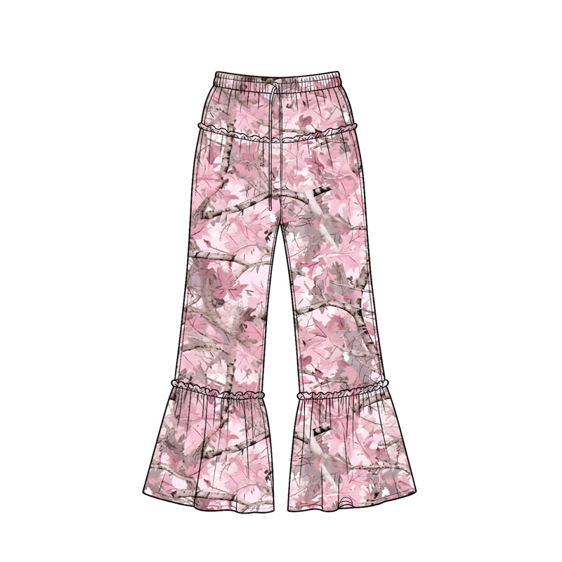 Preorder (moq 5) Baby Girl Clothes Light Pink Tree Camo Print Ruffle Waist Ruffle Hem Flare Pants
