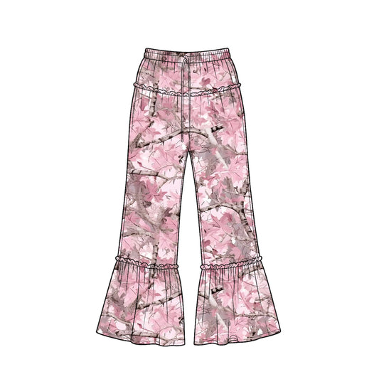 Preorder (moq 5) Baby Girl Clothes Light Pink Tree Camo Print Ruffle Waist Ruffle Hem Flare Pants
