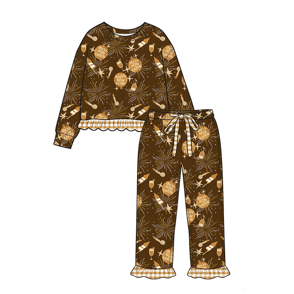 Preorder(moq 5) Baby Girls Stars Fireworks Top Ruffle Pant Happy New Year Pajamas Sets